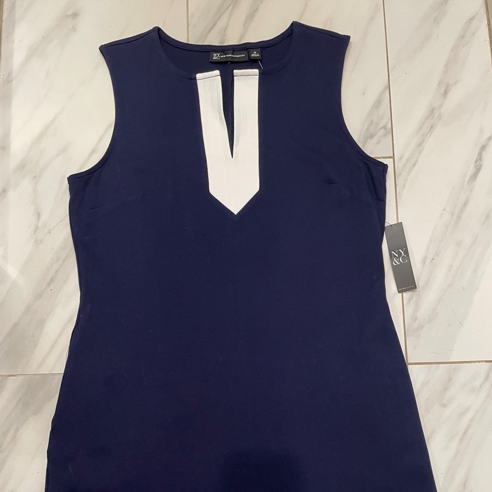 New York & Company Navy Sleeveless Tank with White Keyhole Accent